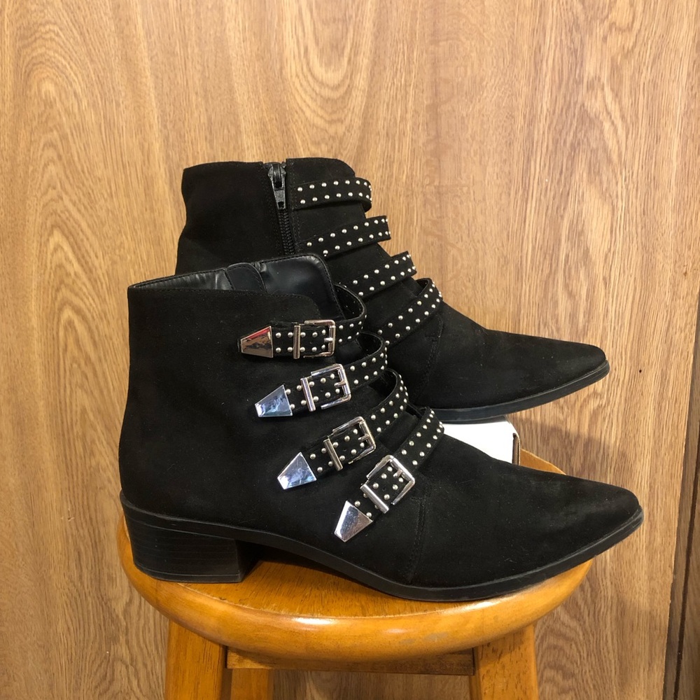 Express Black Suede Ankle Boots with Studded Buckles